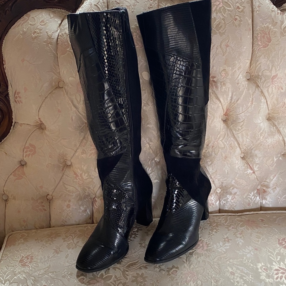 VENUS Black Croc-Embossed Knee Boots with Block Heel 9M